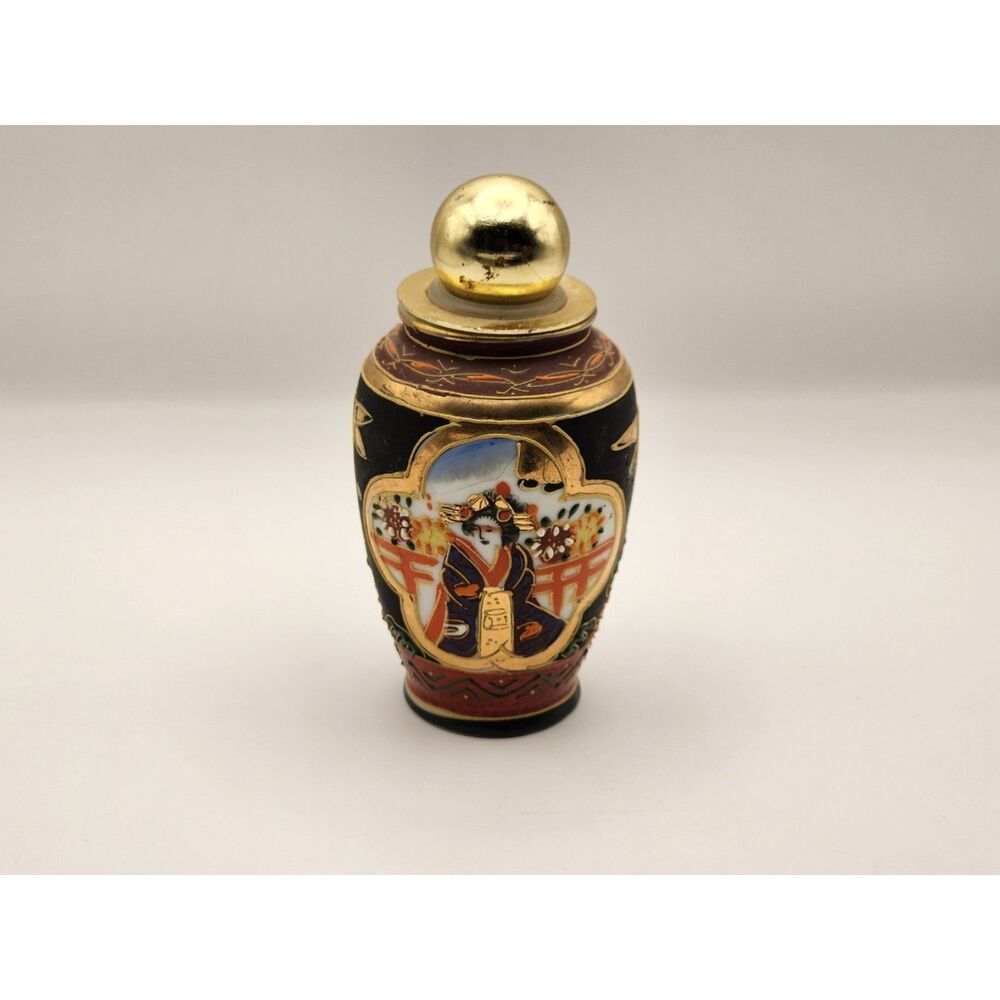 West Germany Satsuma Style Mini Lidded Urn Vase Hand Painted Black Gold